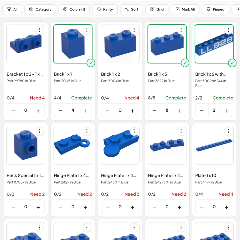 Blue bricks for the Viper Cruiser, with the pieces already found checked off