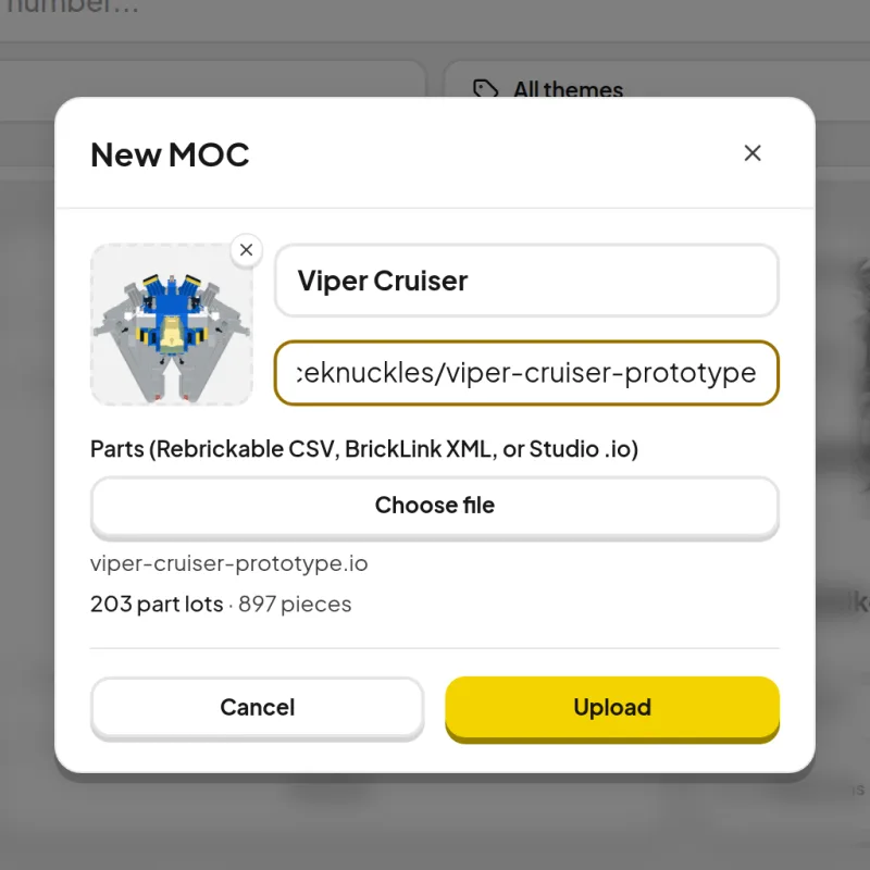 The Viper Cruiser parts list being added, with a preview of the MOC